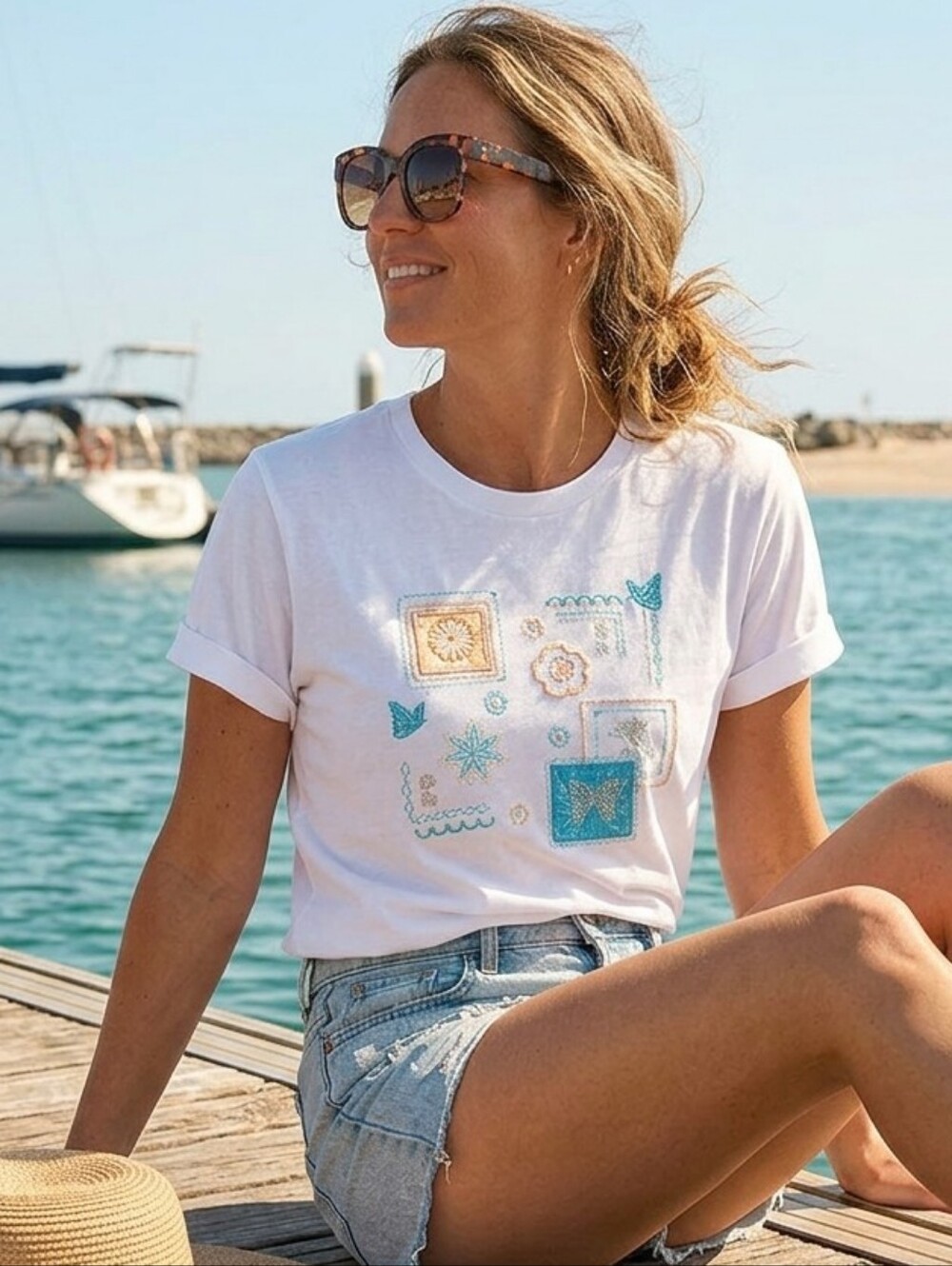BonWorth White Embroidered Coastal Patchwork Butterfly Tee